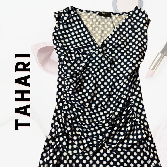 Tahari Womens Tops V Neck Size XS Petit polka dot‎ drape Sleeveless casual work - Picture 1 of 7